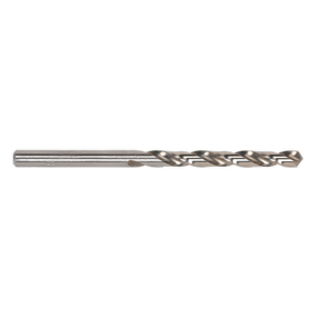 A close-up of a Sealey HSS Fully Ground Drill Bit Ø9mm (DB090FG) with a spiral groove pattern, featuring a precise 135° split point, against a white background.