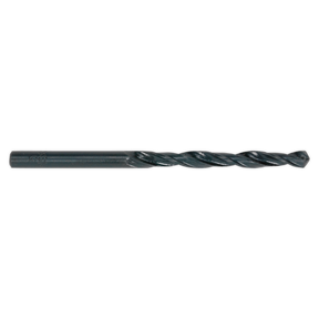Close-up of a Sealey HSS Roll Forged Drill Bit Ø9.5mm (Pack of 10, Model DB095RF) featuring a 118° point tip and a spiral cutting edge, designed for efficient clog-free swarf clearance when drilling holes in materials such as wood, metal, or plastic.