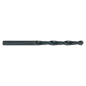 Close-up of a Sealey HSS Roll Forged Drill Bit Ø9.5mm (Pack of 10, Model DB095RF) featuring a 118° point tip and a spiral cutting edge, designed for efficient clog-free swarf clearance when drilling holes in materials such as wood, metal, or plastic.