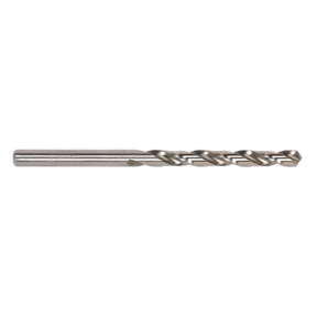 Close-up image of a Sealey HSS Fully Ground Drill Bit Ø11mm (Pack of 5 - DB110FG) featuring a spiral groove design and split point tip, adhering to DIN 338 standards, against a plain white background.