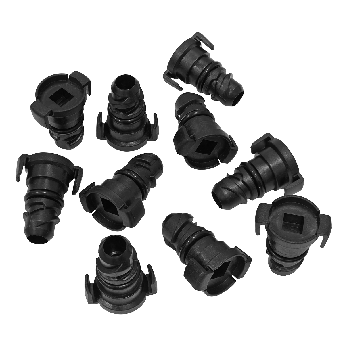 Black plastic hose fittings arranged randomly on a white background, resembling the durable design of the Sealey Plastic Sump Plug - Ford Duratorq (Pack of 10 - DB8127), often found in Ford vehicles. Notably reminiscent of Ford OEM Part Number 1830727.