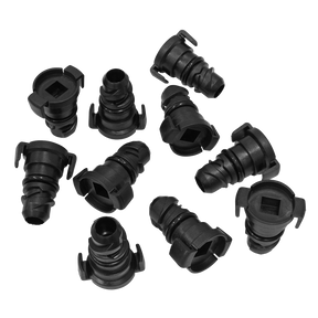 Black plastic hose fittings arranged randomly on a white background, resembling the durable design of the Sealey Plastic Sump Plug - Ford Duratorq (Pack of 10 - DB8127), often found in Ford vehicles. Notably reminiscent of Ford OEM Part Number 1830727.