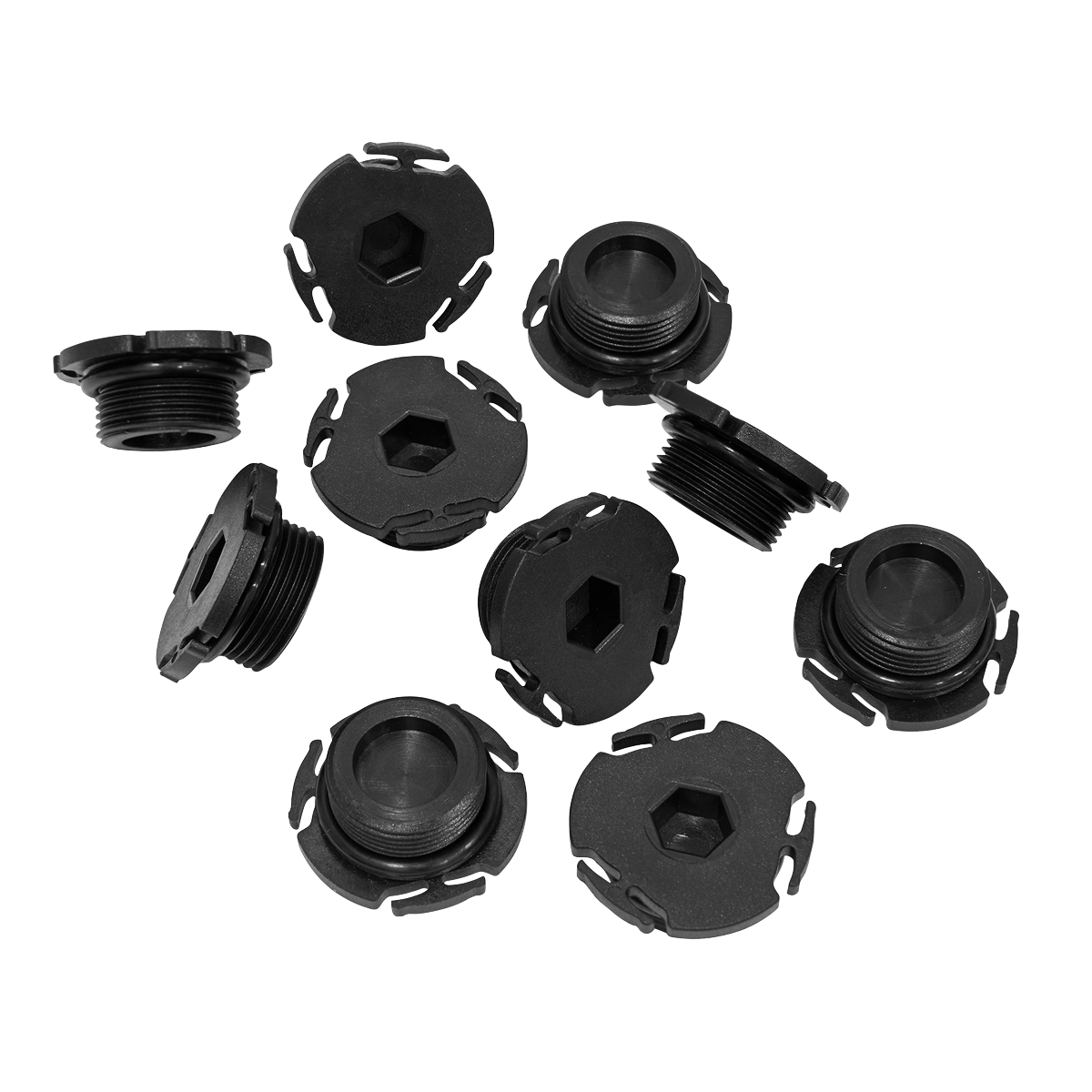 A collection of black plastic fittings, including the Sealey Plastic Sump Plug for BMW with OEM Part Number 11137605018, which features threaded ends, flat tops, and hexagonal inlays, is scattered on a white background. The product is packaged as "Plastic Sump Plug - BMW - Pack of 10 - DB8165" by Sealey.