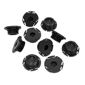 A collection of black plastic fittings, including the Sealey Plastic Sump Plug for BMW with OEM Part Number 11137605018, which features threaded ends, flat tops, and hexagonal inlays, is scattered on a white background. The product is packaged as "Plastic Sump Plug - BMW - Pack of 10 - DB8165" by Sealey.