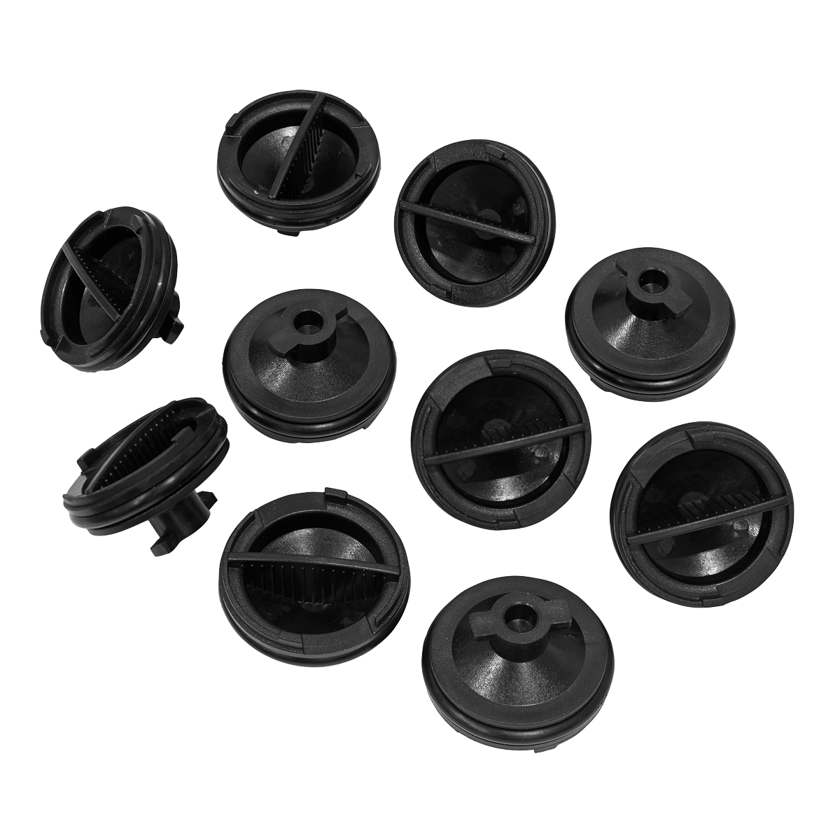 Ten Sealey black plastic twist caps, specifically designed as replacement plastic sump plugs for Ford/PSA vehicles (DB8198), arranged in a scattered pattern on a white background.