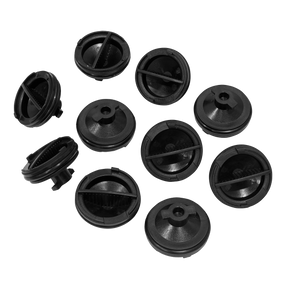 Ten Sealey black plastic twist caps, specifically designed as replacement plastic sump plugs for Ford/PSA vehicles (DB8198), arranged in a scattered pattern on a white background.