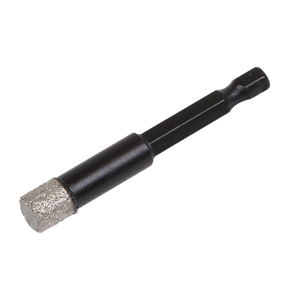 A Sealey Diamond Drill Bit Hex 10mm - DBD10H in black with a textured end and hex shank design for enhanced grip, photographed on a white background.