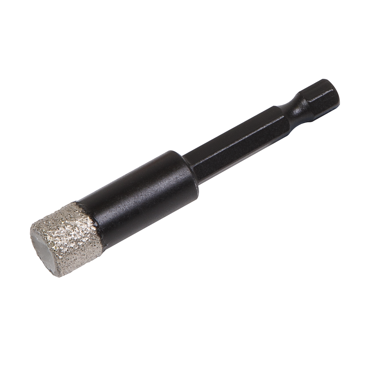 The Sealey Diamond Drill Bit Hex Ø12mm - DBD12H features a vacuum brazed diamond drill bit with a hex shank and a silver cutting tip, specifically designed for drilling through hard materials such as porcelain tiles.