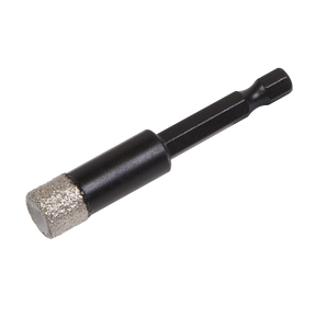 The Sealey Diamond Drill Bit Hex Ø12mm - DBD12H features a vacuum brazed diamond drill bit with a hex shank and a silver cutting tip, specifically designed for drilling through hard materials such as porcelain tiles.