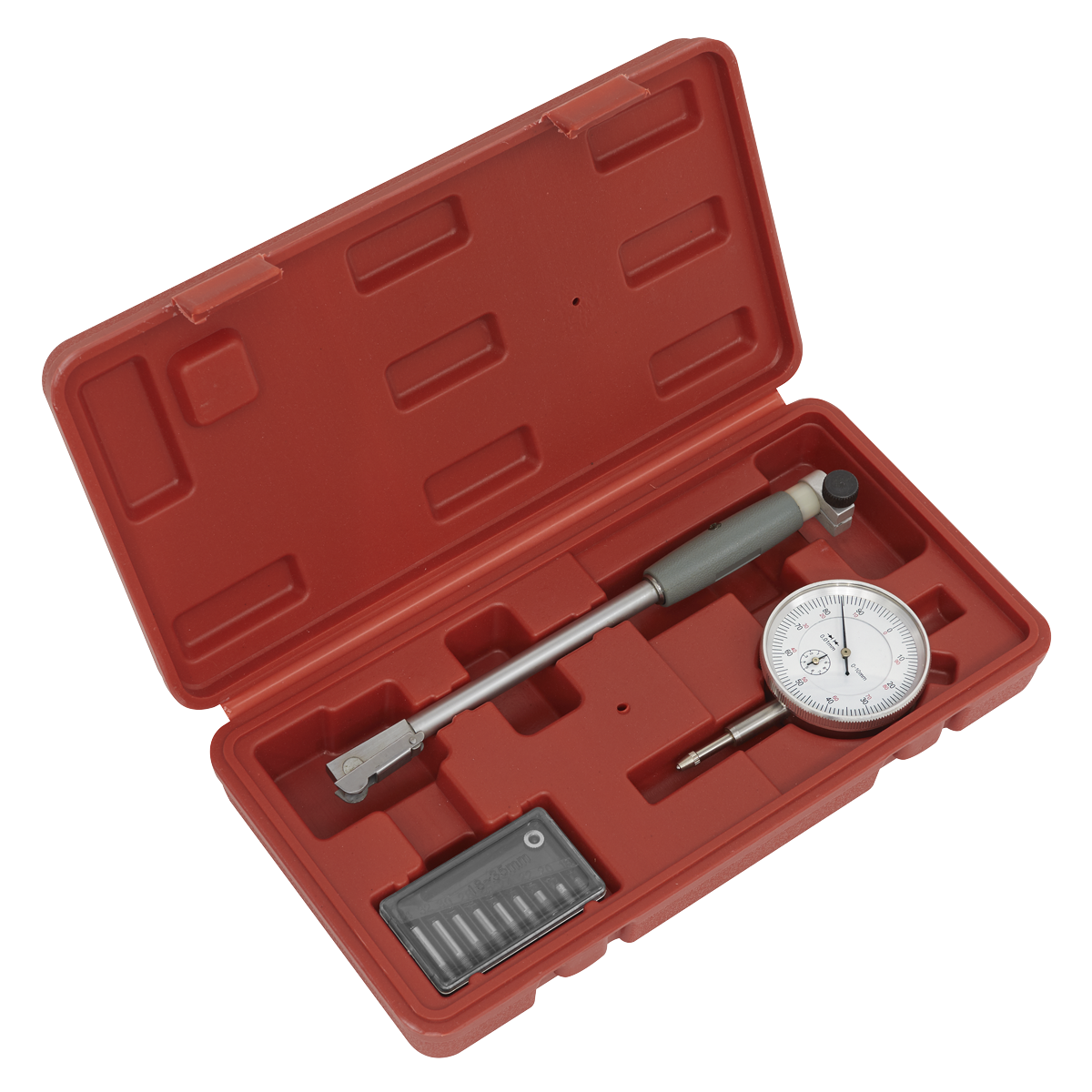 A red plastic case containing the Sealey Dial Bore Gauge 18-35mm (DBG508) with various attachments and a precision mechanism dial indicator for superior accuracy.