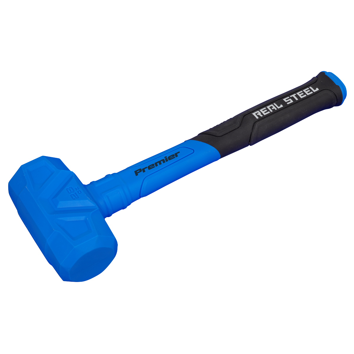 A blue and black Dead Blow Hammer 1.75lb - DBH01 from Sealey with the text "Real Steel" on the handle, featuring a dual-layer molded grip, a flat striking surface, and a soft grip handle.