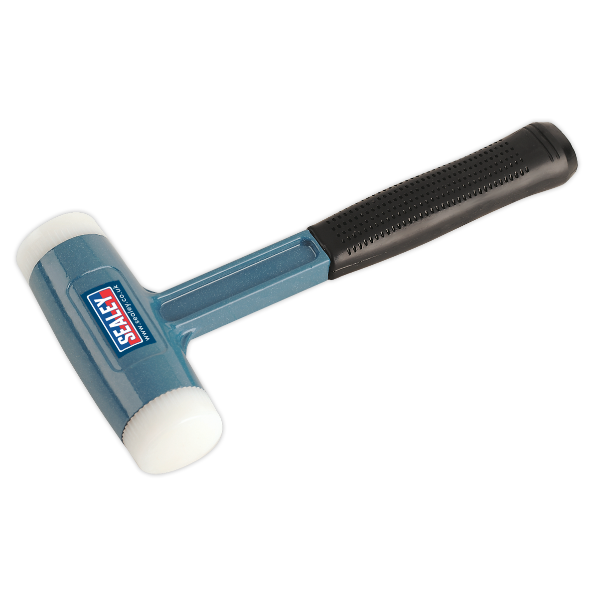 A rubber mallet with a blue and black design, featuring a textured handle for improved grip and dual durable nylon faces, branded with "Sealey" from Premier Hand Tools is visible on the head. This specific model is known as the Dead Blow Hammer 2.5lb Nylon Faced - DBHN275.