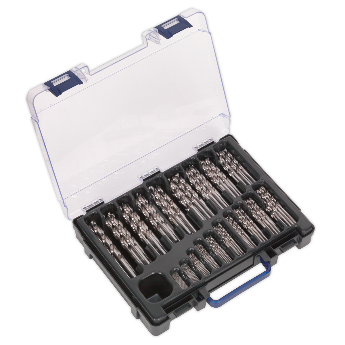 The Sealey HSS Fully Ground Drill Bit Assortment 170pc Ø1-10mm - DBS170FG comes in a plastic case with individual slots for each drill bit. The case features a clear lid and a handle for easy portability. Each high-speed steel bit has a 135° split point for precision and conforms to DIN 338 standards.