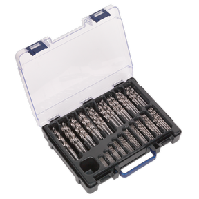 The Sealey HSS Fully Ground Drill Bit Assortment 170pc Ø1-10mm - DBS170FG comes in a plastic case with individual slots for each drill bit. The case features a clear lid and a handle for easy portability. Each high-speed steel bit has a 135° split point for precision and conforms to DIN 338 standards.