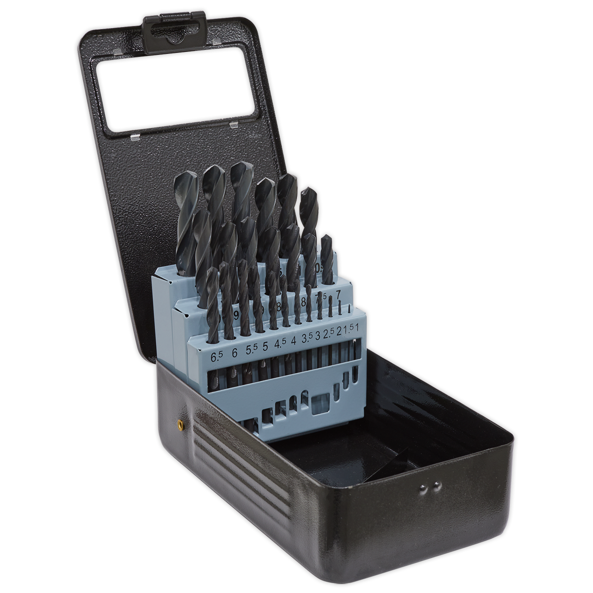 Introducing the Sealey HSS Roll Forged Drill Bit Set 25pc Ø1-13mm - DBS25RF. This metal case houses 25 high-speed steel roll forged drill bits in assorted sizes, neatly arranged in a holder. The 118° point tip ensures precise drilling, and the open case design showcases the drill bits while promising clog-free swarf clearance for efficient performance.