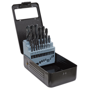 Introducing the Sealey HSS Roll Forged Drill Bit Set 25pc Ø1-13mm - DBS25RF. This metal case houses 25 high-speed steel roll forged drill bits in assorted sizes, neatly arranged in a holder. The 118° point tip ensures precise drilling, and the open case design showcases the drill bits while promising clog-free swarf clearance for efficient performance.