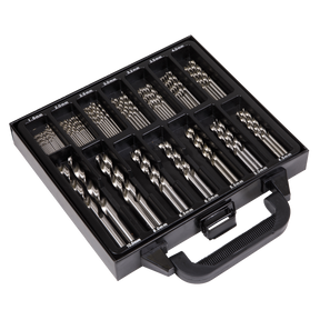 The Sealey Drill Bit Set Fully Ground 99pc (DBS99FG) is encased in a robust black plastic case and includes various sizes of 135° split point HSS drill bits, all neatly organized in rows labeled with measurements from 1.5 mm to 10 mm.
