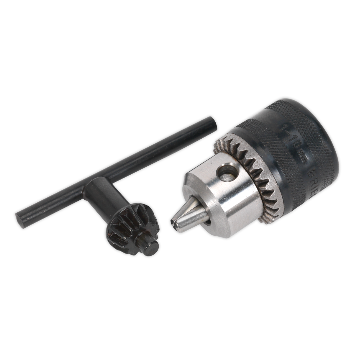 Image of the Sealey Drill Chuck 10mm 3/8"-24UNF - DC001 with a key. The key is black with a T-shaped handle, and the chuck is metallic with gear-like ridges. Ideal for use with cordless power tools, this accessory ensures precision and reliability in your drilling tasks.