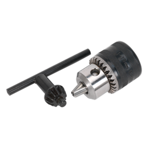 Image of the Sealey Drill Chuck 10mm 3/8"-24UNF - DC001 with a key. The key is black with a T-shaped handle, and the chuck is metallic with gear-like ridges. Ideal for use with cordless power tools, this accessory ensures precision and reliability in your drilling tasks.