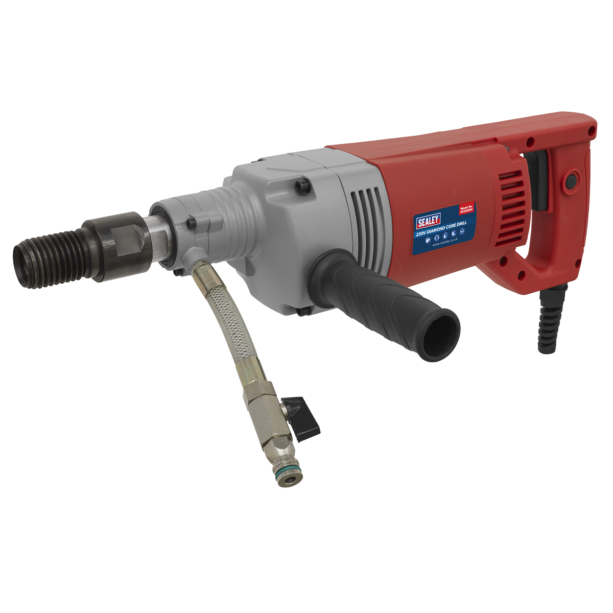 A Sealey Diamond Core Drill 230V - DCD230V, in red and gray, is displayed against a white backdrop. It features a side handle, an attached connection hose, and high-quality components.