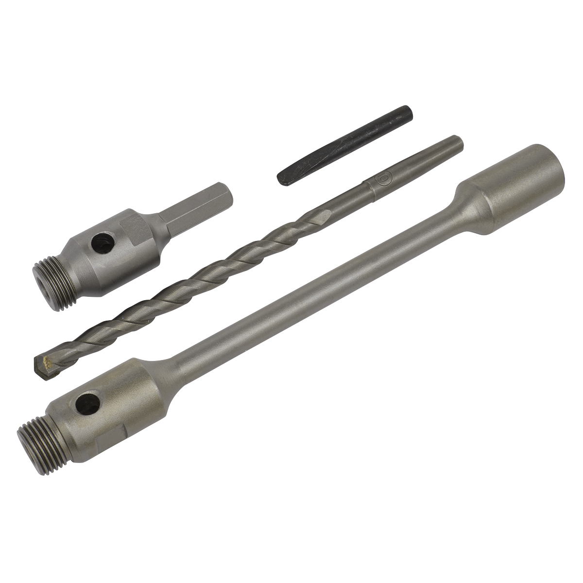 Introducing the Sealey Hex 310mm Adaptor Pack - DDAHL, a masonry drill bit set featuring a drift key, a drill bit, and a socket adapter, all neatly arranged on a white background.