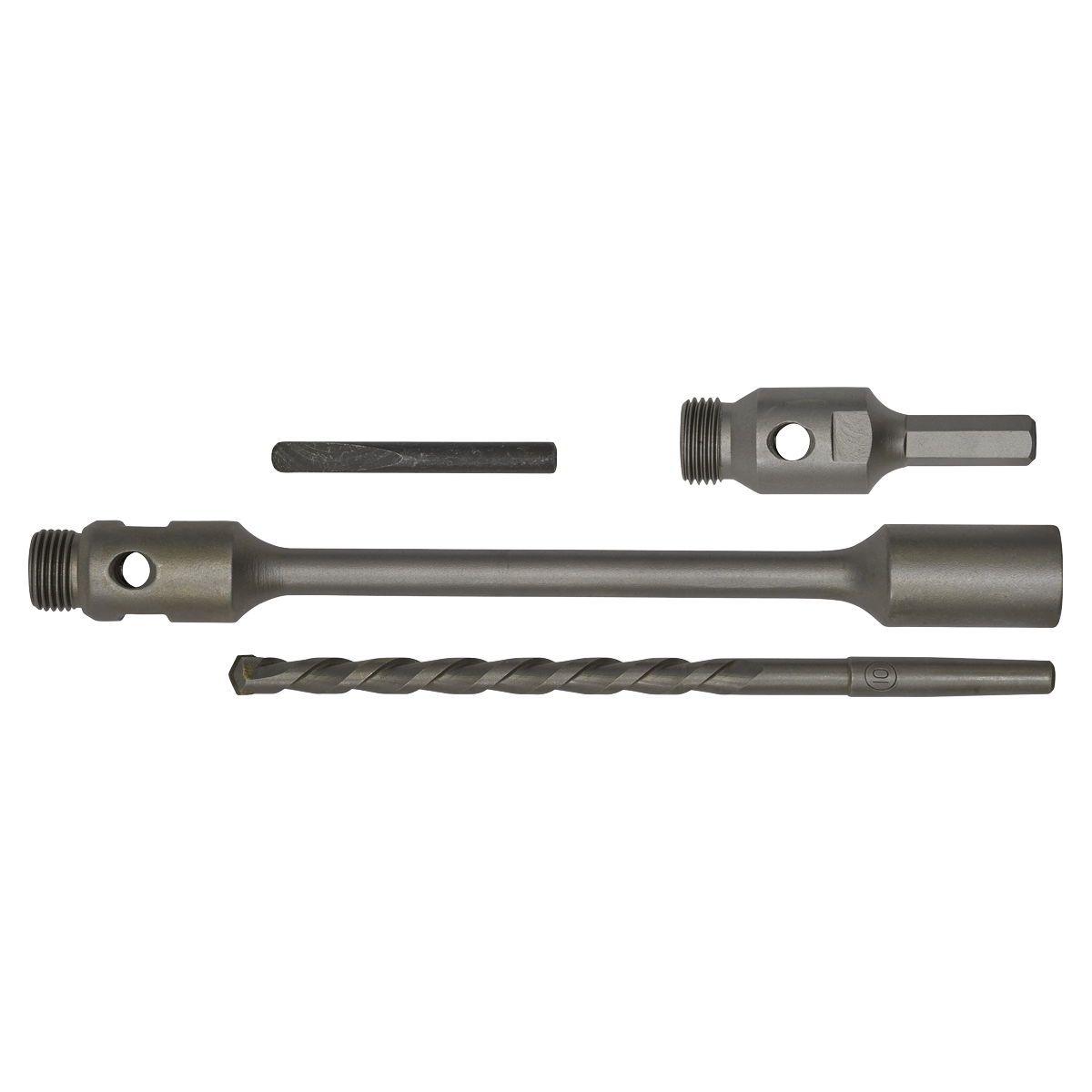 The Hex 310mm Adaptor Pack - DDAHL by Sealey includes a metallic drill bit, an extension bar, a countersink bit, a pilot rod, and an adapter.