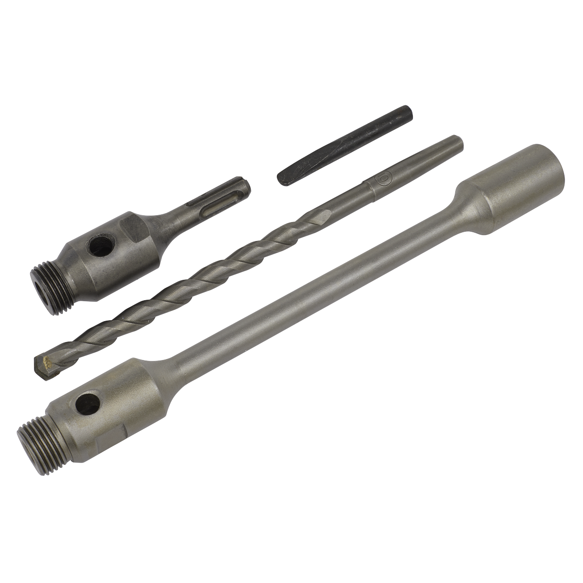 Three metallic tools, branded Sealey, are laid out on a white background: an SDS Plus 310mm Adaptor Pack - DDASL drill bit, an adapter without a bit, and a small wedge-shaped drift key.