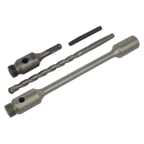 Three metallic tools, branded Sealey, are laid out on a white background: an SDS Plus 310mm Adaptor Pack - DDASL drill bit, an adapter without a bit, and a small wedge-shaped drift key.