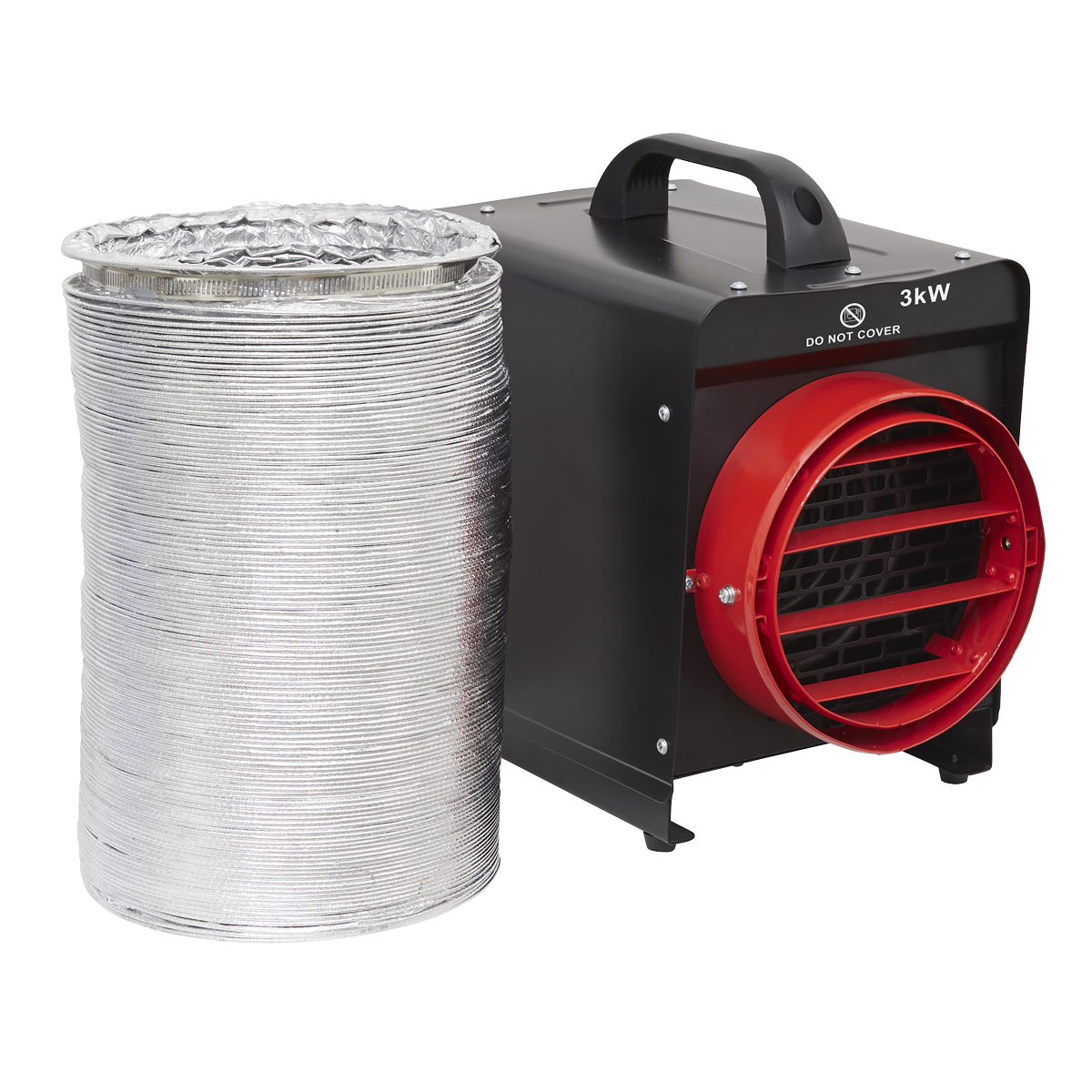 Introducing the Sealey Industrial Fan Heater 3kW - DEH3001, a high-performance black and red electric fan heater with an attached flexible silver duct hose, engineered for industrial applications. This unit features adjustable outlet louvre panels for precise airflow control.