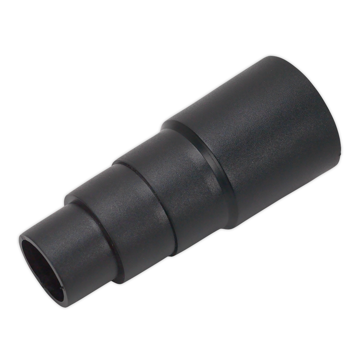 The Sealey Vacuum/Dust-Free Tool Adaptor - DFS/AK10 is a black cylindrical adaptor featuring two differently sized ends, designed for connecting hoses or pipes in a dust-free vacuum system.