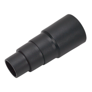 The Sealey Vacuum/Dust-Free Tool Adaptor - DFS/AK10 is a black cylindrical adaptor featuring two differently sized ends, designed for connecting hoses or pipes in a dust-free vacuum system.