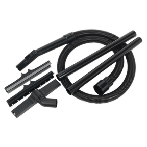 A collection of Sealey's Wet & Dry Floor Cleaning Accessories for DFS35M - DFS35MKIT, featuring a black ergonomic hose, aluminium extension tubes, and various nozzles, is displayed against a plain background.