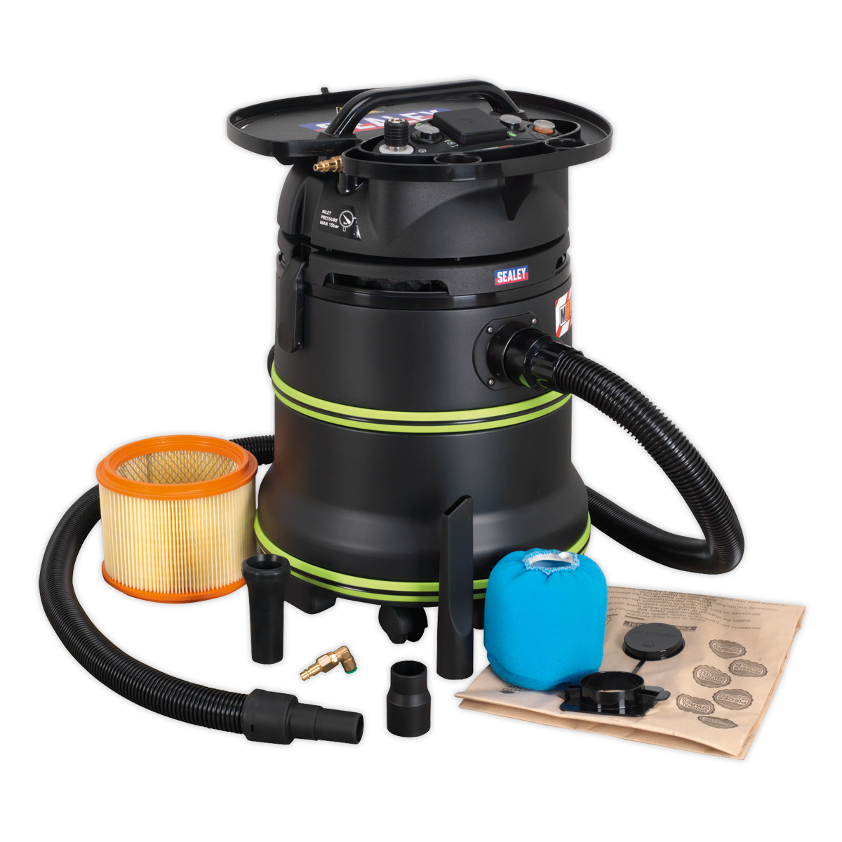 The Sealey Vacuum Cleaner Industrial Dust-Free Wet/Dry 35L 1000W/230V Plastic Drum M-Class Self-Clean Filter (DFS35M) comes with a green stripe, various nozzles, an M-Class dust extraction filter, a blue foam cover, documentation, and coins scattered.