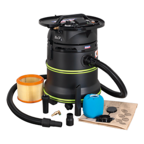 The Sealey Vacuum Cleaner Industrial Dust-Free Wet/Dry 35L 1000W/230V Plastic Drum M-Class Self-Clean Filter (DFS35M) comes with a green stripe, various nozzles, an M-Class dust extraction filter, a blue foam cover, documentation, and coins scattered.