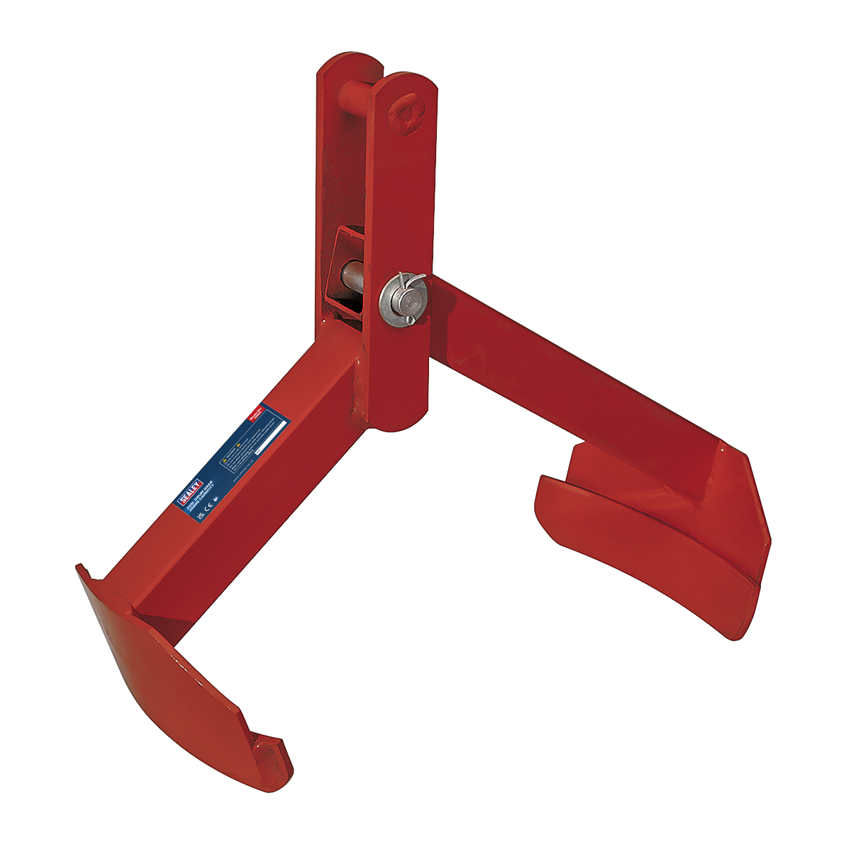 The Sealey Drum Grab 350kg Capacity - DG01 is a red metal log grapple featuring two curved arms for lifting logs, constructed with heavy-duty steel and includes a pin for attachment to machinery.