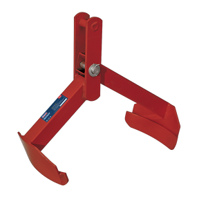 The Sealey Drum Grab 350kg Capacity - DG01 is a red metal log grapple featuring two curved arms for lifting logs, constructed with heavy-duty steel and includes a pin for attachment to machinery.