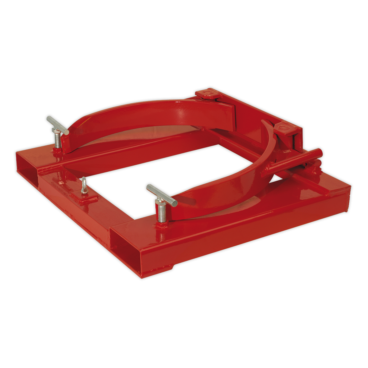 The Sealey Forklift Drum Clamp Single 205L - DG02 is a red metal industrial frame made from heavy-duty steel, featuring adjustable clamps and handles, designed specifically for holding and securing cylindrical objects.