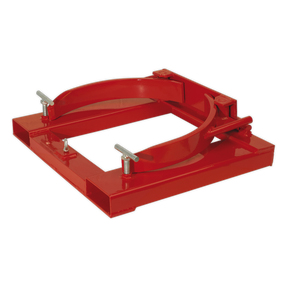 The Sealey Forklift Drum Clamp Single 205L - DG02 is a red metal industrial frame made from heavy-duty steel, featuring adjustable clamps and handles, designed specifically for holding and securing cylindrical objects.