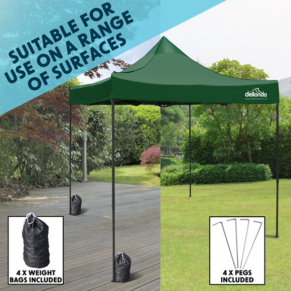 Sealey | Dellonda Premium 2x2m Pop-Up Gazebo, Heavy Duty, PVC Coated, Water Resistant Fabric, Supplied with Carry Bag, Rope, Stakes & Weight Bags - Dark Green Canopy - DG128