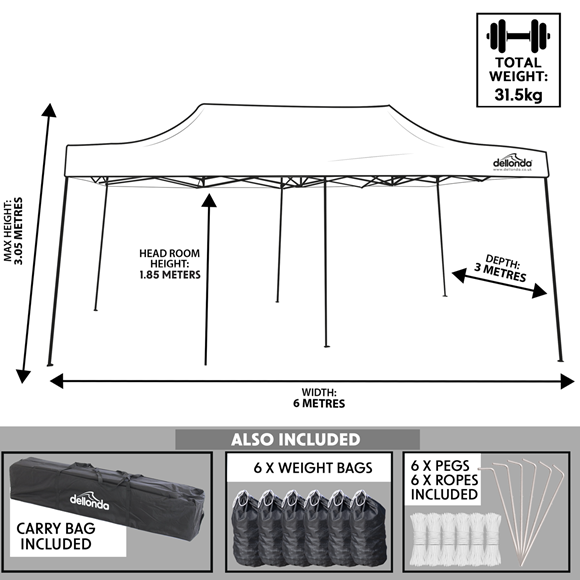 Sealey | Dellonda Premium 3x6m Pop-Up Gazebo, Heavy Duty, PVC Coated, Water Resistant Fabric, Supplied with Carry Bag, Rope, Stakes & Weight Bags - Grey Canopy - DG141