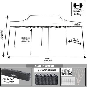 Sealey | Dellonda Premium 3x6m Pop-Up Gazebo, Heavy Duty, PVC Coated, Water Resistant Fabric, Supplied with Carry Bag, Rope, Stakes & Weight Bags - Grey Canopy - DG141