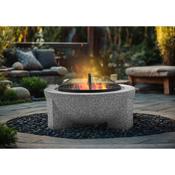 Sealey | Dellonda Round MgO Fire Pit with BBQ Grill, Ø75cm, Safety Mesh Screen - Light Grey - DG190