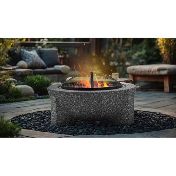 Sealey | Dellonda Round MgO Fire Pit with BBQ Grill, Ø75cm, Safety Mesh Screen - Dark Grey - DG191