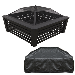 Sealey | Dellonda 35" Square Outdoor Fire Pit, Mesh Screen Lid, Black with Water Resistant Drawstring Cover - DG238