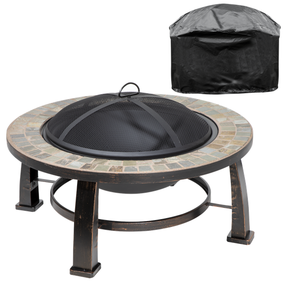 Sealey | Dellonda 30" Deluxe Traditional Style Fire Pit, Fireplace, Outdoor Heater with Fire Poker , Safety Mesh Screen & Drawstring Cover - Slate Top - DG240