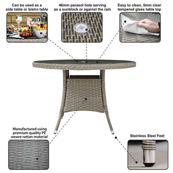 Sealey | Dellonda Chester Rattan Wicker Round Outdoor Dining Table with Tempered Glass Top - DG66