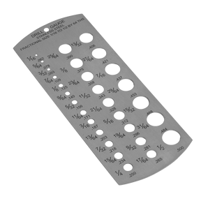 Introducing the Sealey Drill Gauge Imperial 1/16"-1/2" - DGI1, a stainless steel tool with etched graduations that features various hole sizes labeled in both fractional inches and thousandths, designed for measuring and identifying imperial drill bit sizes.
