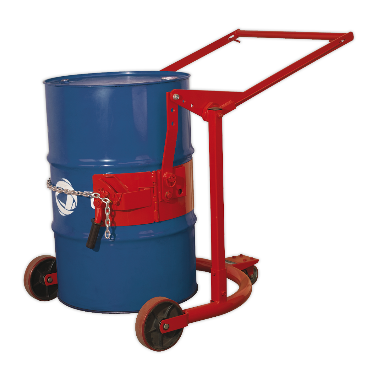 A blue industrial 205L drum on the Sealey Mobile Drum Handler 205L - DH02, a red and black dolly designed for moving heavy barrels. The dolly features heavy-duty wheels along with a chain and clamp mechanism for securing the drum.