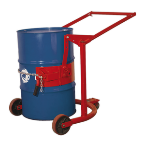 A blue industrial 205L drum on the Sealey Mobile Drum Handler 205L - DH02, a red and black dolly designed for moving heavy barrels. The dolly features heavy-duty wheels along with a chain and clamp mechanism for securing the drum.