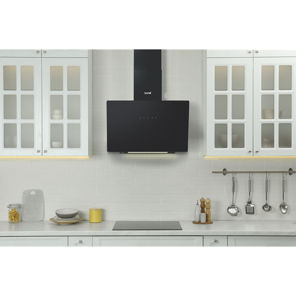 Baridi Angled Chimney Cooker Hood with Touch Controls & Carbon Filters 60cm - Black Glass - SE-DH105